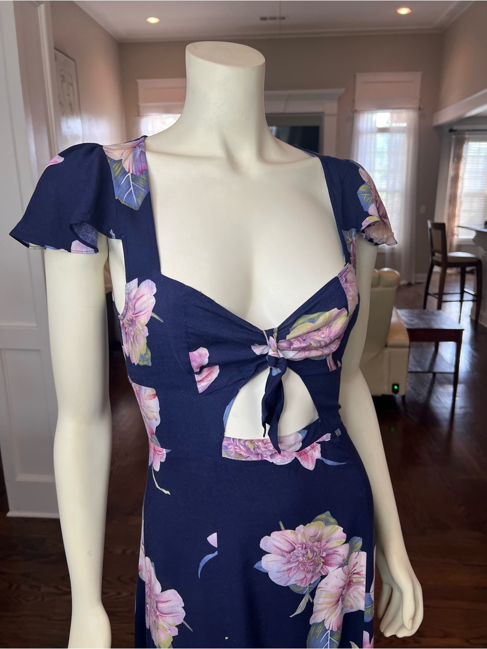 Reformation Navy Floral Tie-Front Maxi Dress with Pink Blooms - Picture 3 of 15